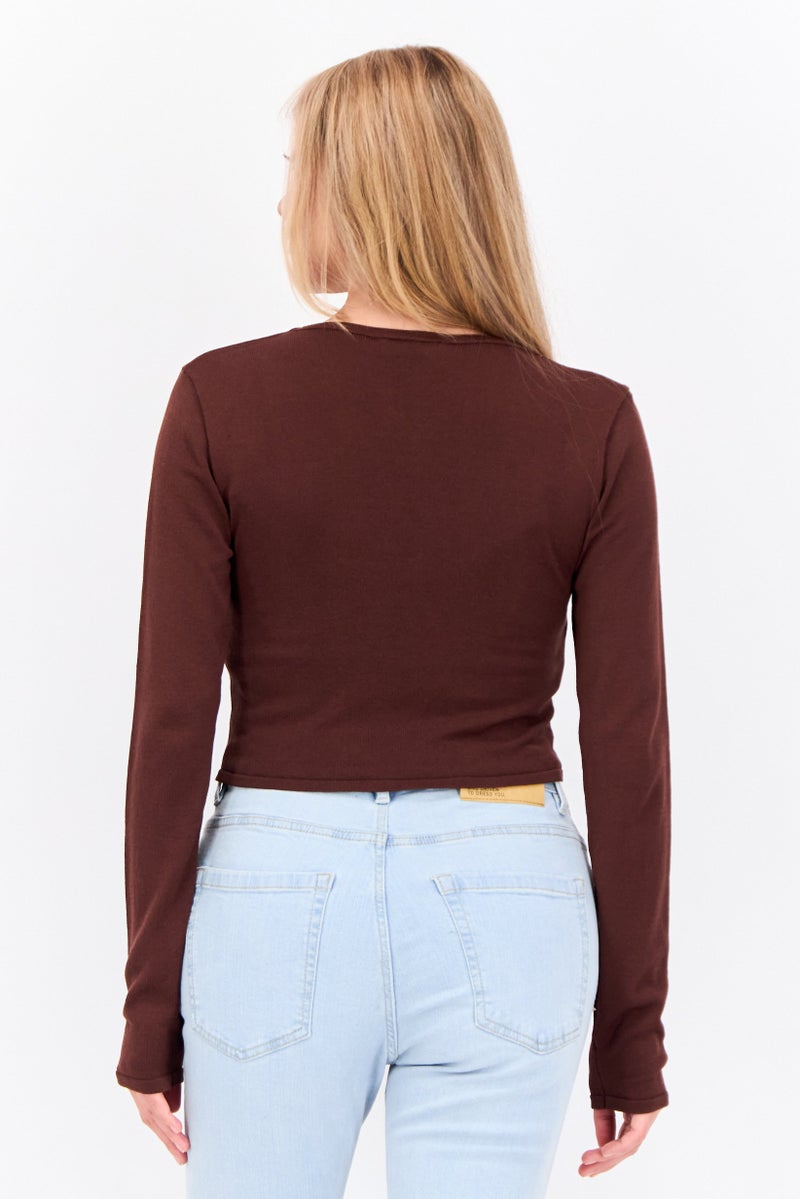 MANGO Women Keyhole Neckline Long Sleeve Solid Top, Brown - Image 3